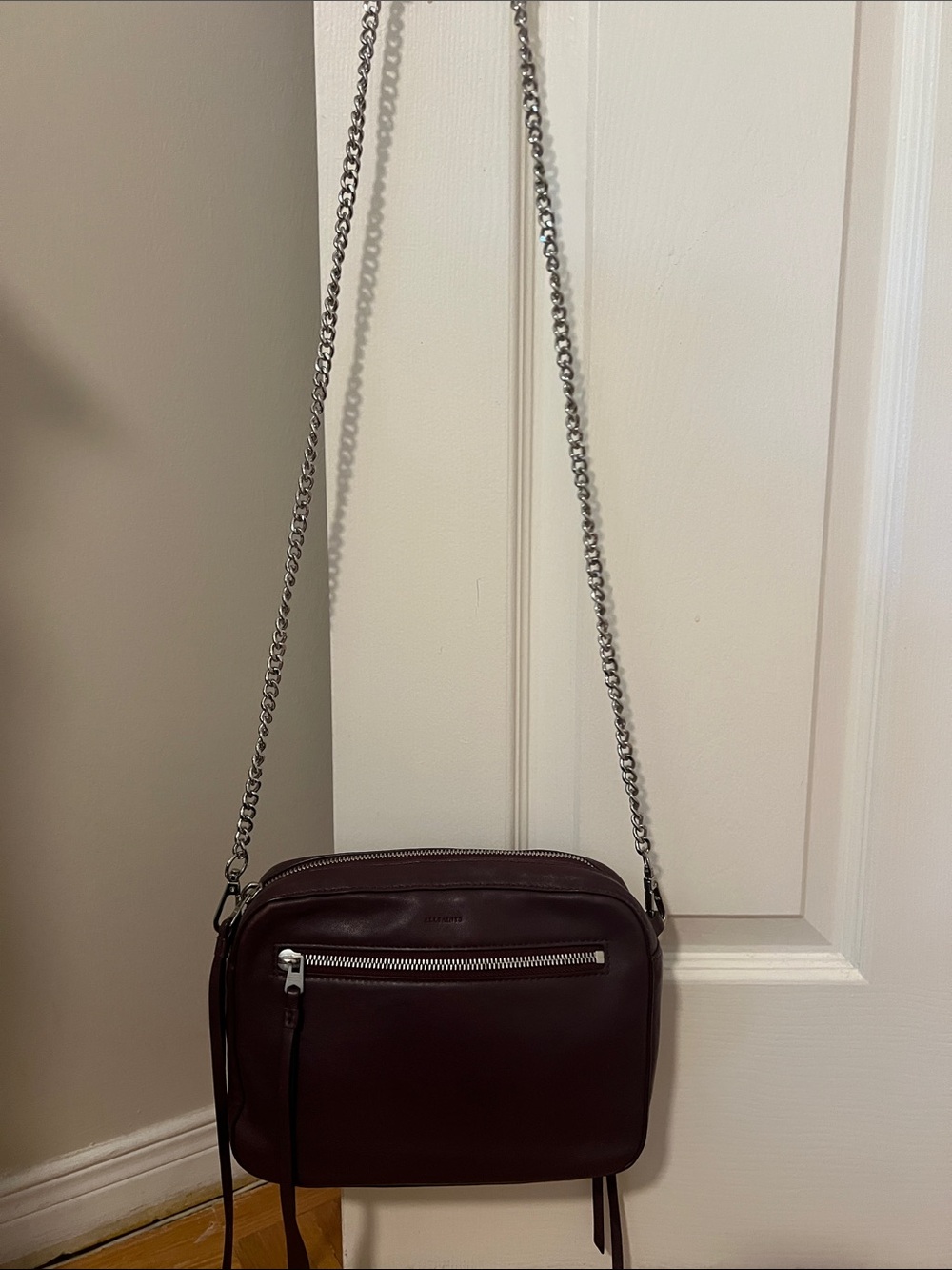 AllSaints Fleur de Lis lamb Leather Crossbody with Silver Chain